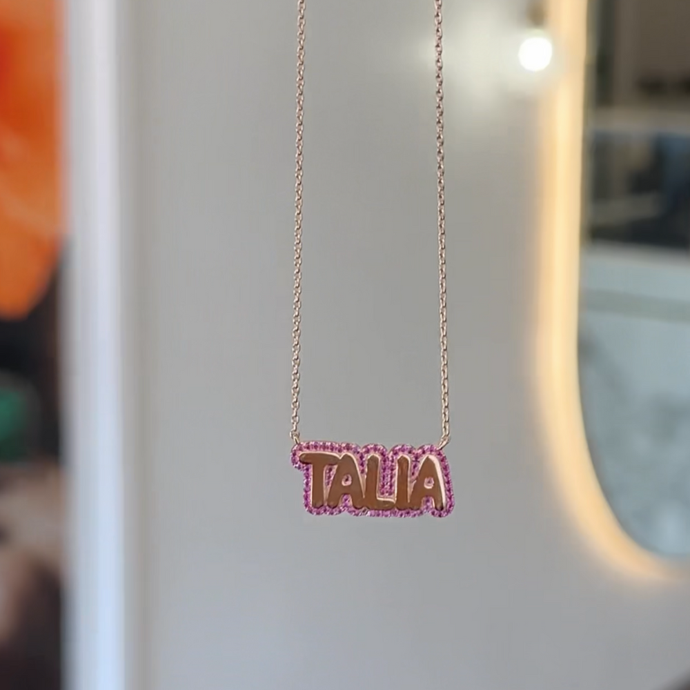 
                  
                    Bubble Name Necklace with Pink Sapphire Diamonds
                  
                